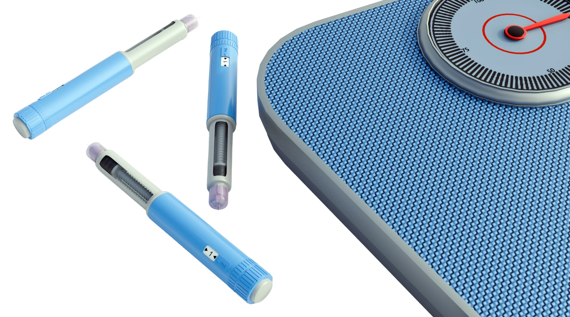 Insulin pens and scale on black background.